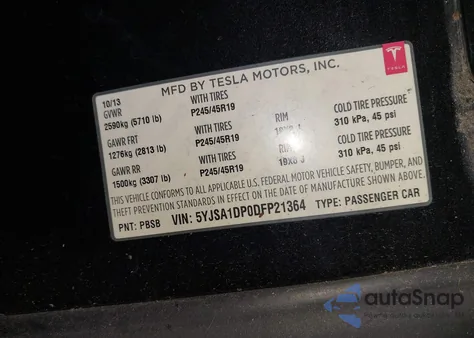 2013 Tesla Model S Performance z USA, uszkodzony, nr VIN 5YJSA1DP0DFP21364